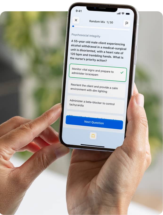 Mobile app screen showing an NCLEX-PN practice question in Random Mix quiz mode with multiple choice answers