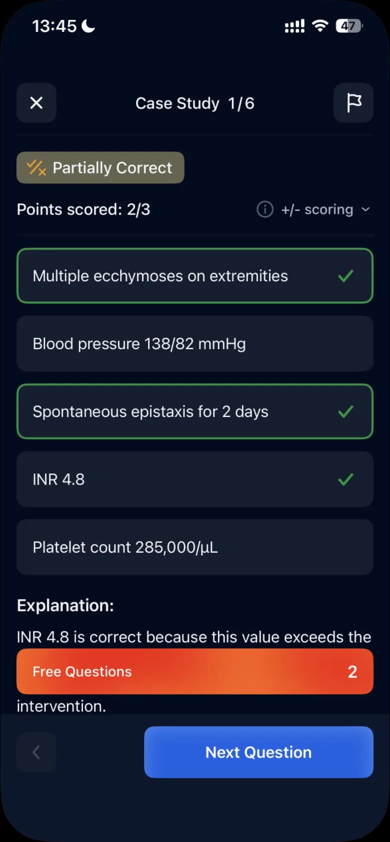 A Partially Correct answer showing Points scored 2/3 and the +/- scoring label, with the correct options marked and the start of the explanation