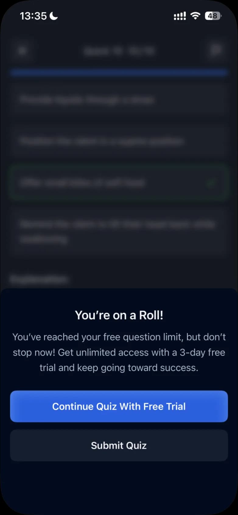 The You're on a Roll! message over a quiz question, with the buttons Continue Quiz With Free Trial and Submit Quiz