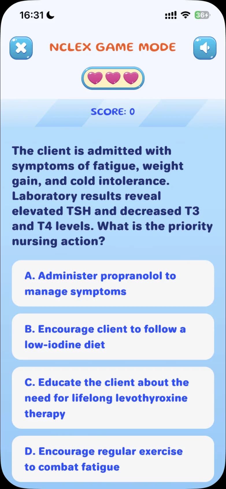 NCLEX GAME MODE with three hearts, SCORE: 0 and a question with the answers A to D