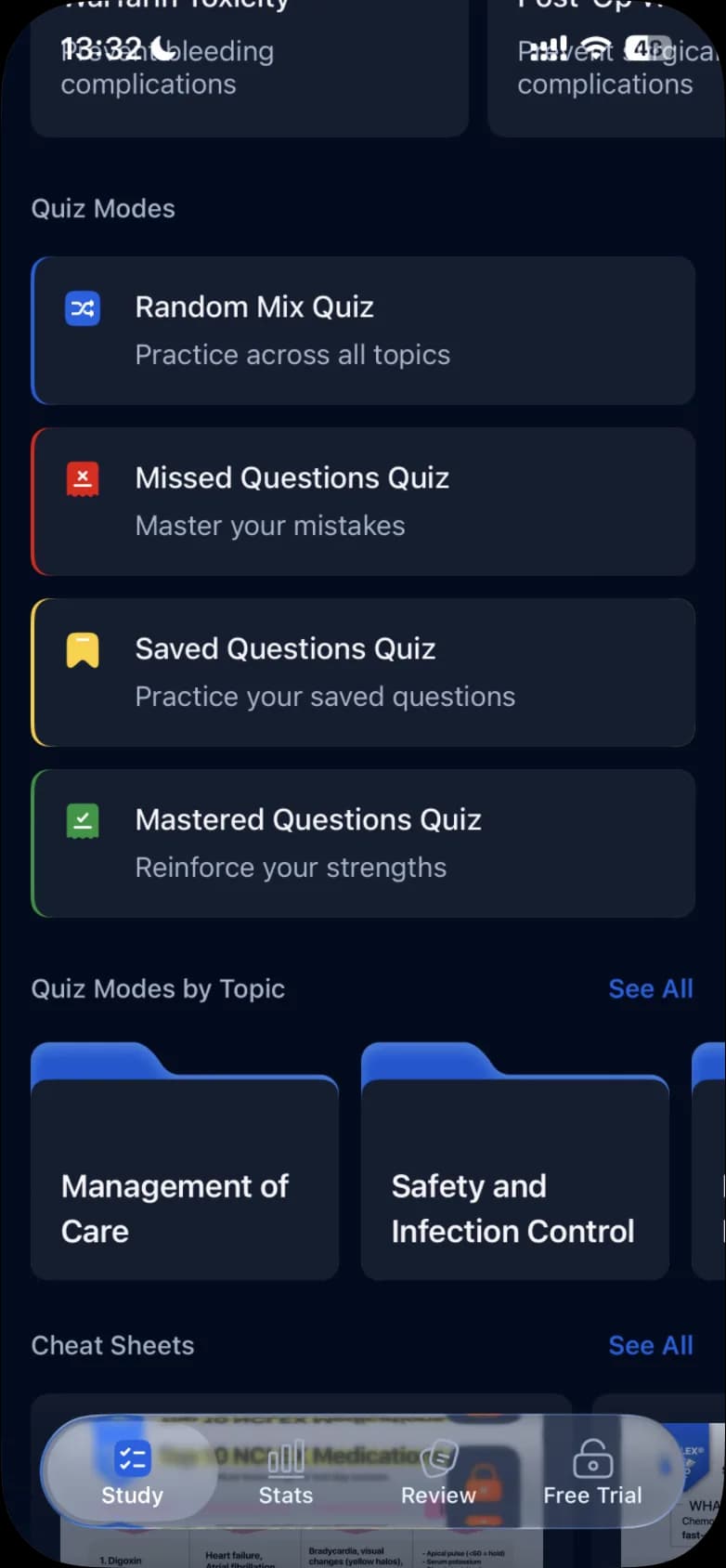 Further down the Study tab: the four quiz modes, Quiz Modes by Topic with topic folders, and Cheat Sheets
