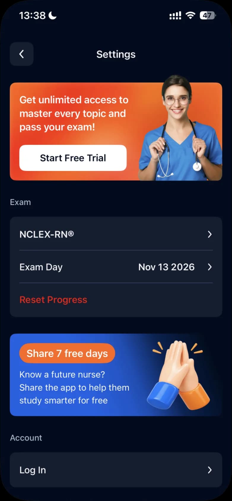 The app's Settings screen on iPhone: under Exam, the current exam (NCLEX-RN®), Exam Day and Reset Progress in red