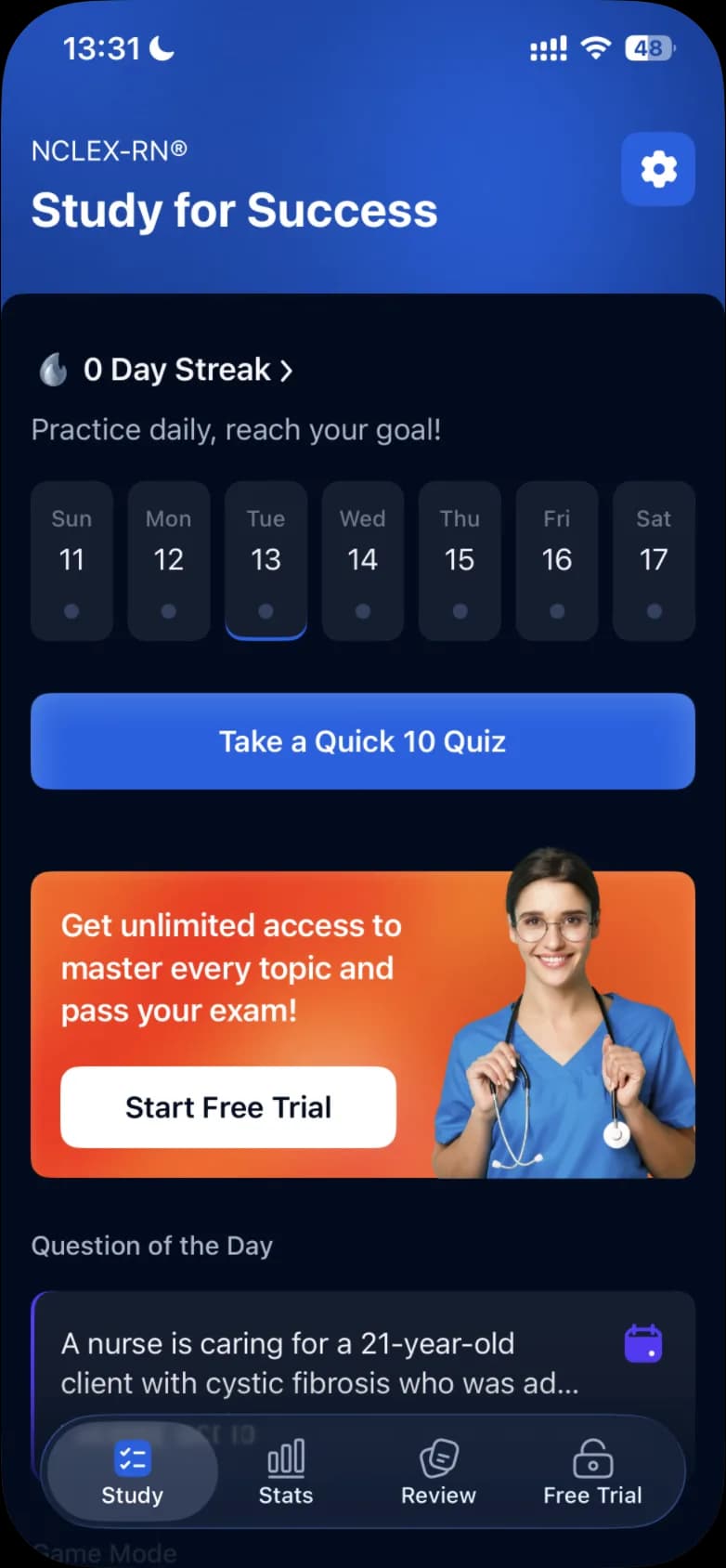 The Study tab on iPhone: NCLEX-RN and the gear at the top, the day streak, Take a Quick 10 Quiz, a Start Free Trial banner and the tab bar