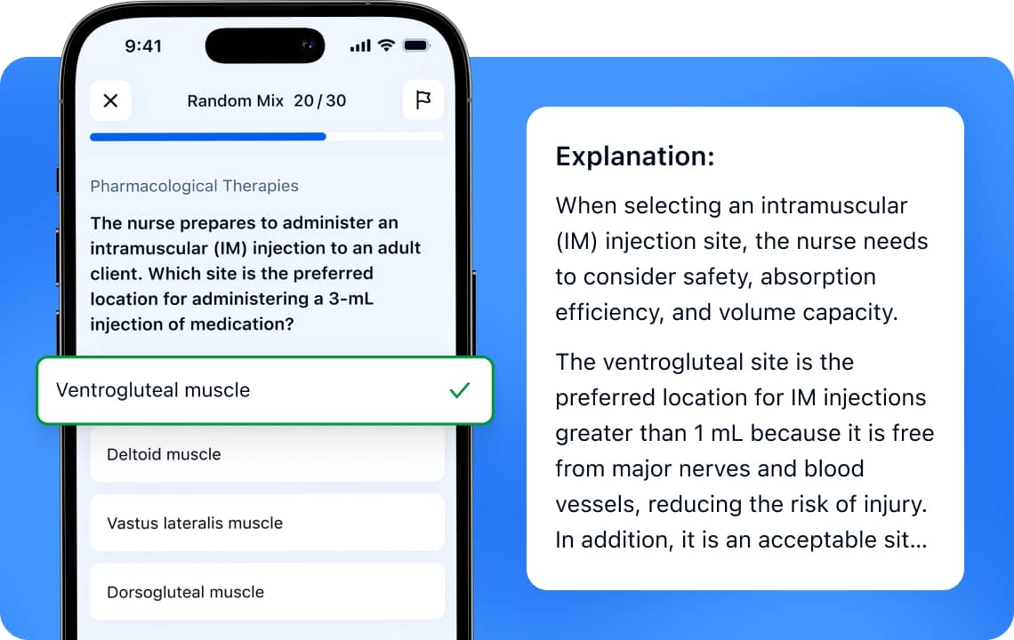 NCLEX-PN practice question with detailed answer rationale in a mobile app