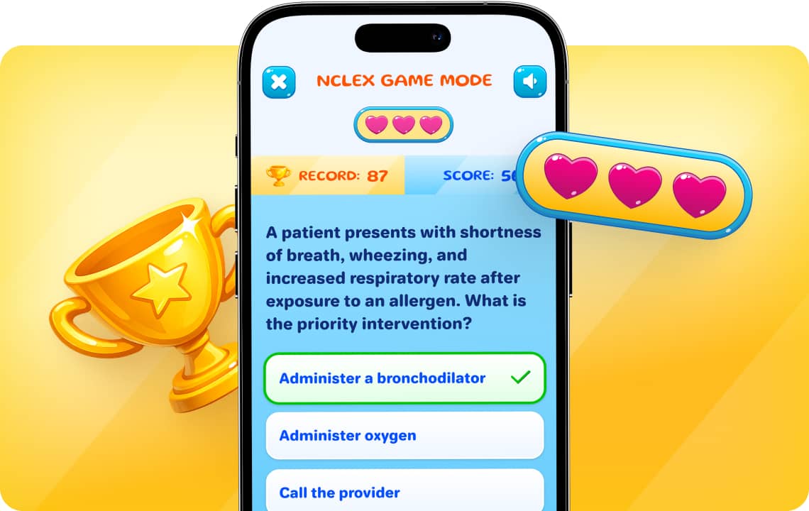 NCLEX-RN Game Mode for interactive exam preparation with points and lives in a mobile app